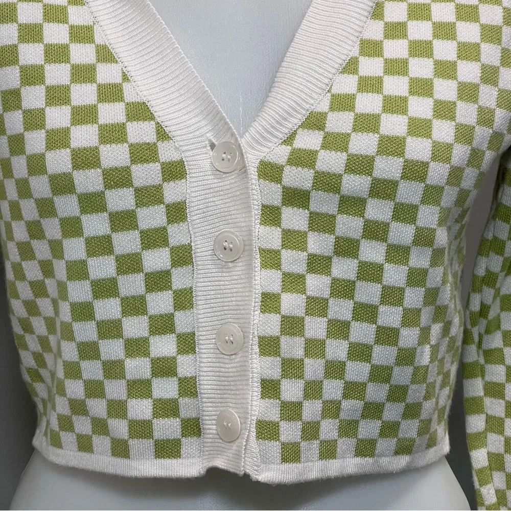 Tara Long Sleeve Checkered Cropped Cardigan Small . - Picture 6 of 11
